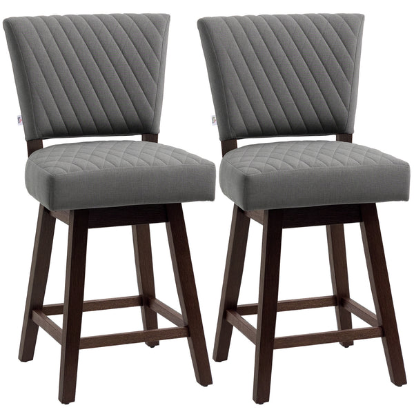 Set of 2 swivel bar stools with wooden legs and footrest, dark grey