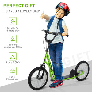Scooter with 16-inch inflatable wheels and double brakes, green