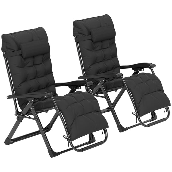 Set of 2 Folding Garden Chairs, Zero Gravity Reclining with Cushion and Headrest, Black