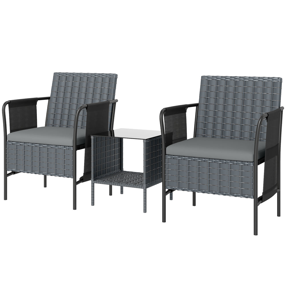 3-Piece Wicker Patio Furniture Set, Side Pockets, Sling Seat, 2-Tier Glass Table, Cushions, Grey