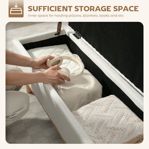 Storage Ottoman Bench with Lift-Up Lid and Wooden Legs, Cream White
