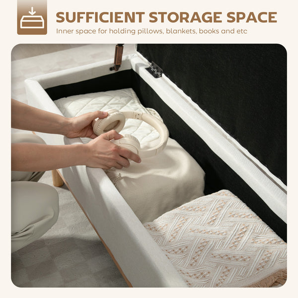 Storage Ottoman Bench with Lift-Up Lid and Wooden Legs, Cream White