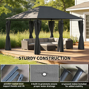 Gazebo 10 x 13, flexible steel frame, 6 removable curtains, dark grey