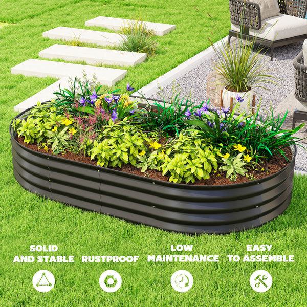 Galvanized raised outdoor planter with metal support, black