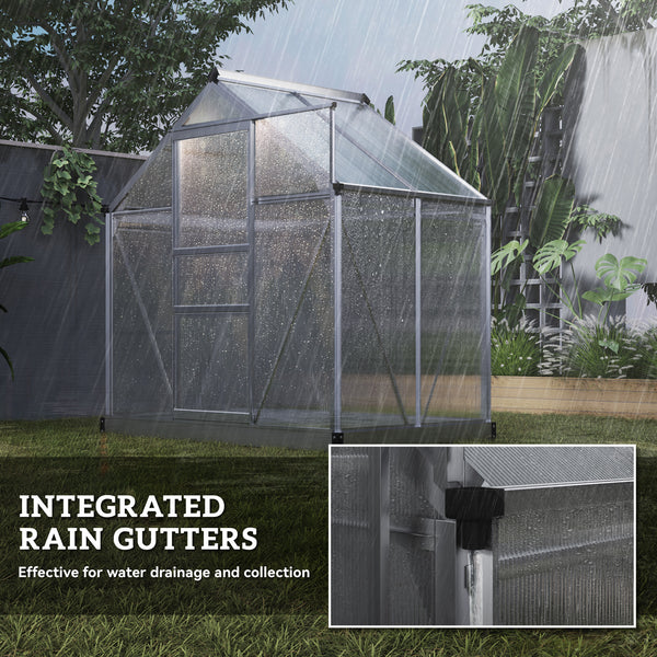 6' x 4' x 6.6' Polycarbonate Greenhouse, Galvanized Aluminum Sheet Frame with Gutter, Ventilation and Sliding Door, Silver