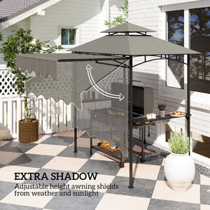 8' x 5' Grill Gazebo, Double Tiered Barbecue Grill Gazebo Shelter with Side Awning, 2 Side Shelves, 6 Hooks, Light Grey