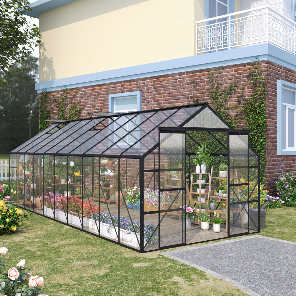 Greenhouse with adjustable roof ventilation, gutter and sliding door