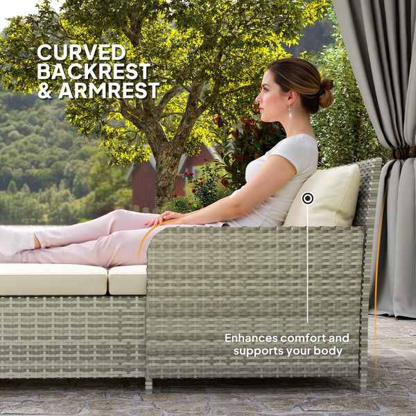 Outdoor rattan sun lounger with soft cushions, 4 pillows, curved backrest and armrests, beige