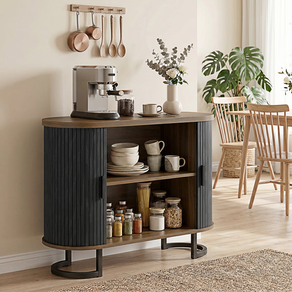 Sideboard Buffet Cabinet with Curved Tambour Doors, Thick Tabletop and Arc Metal Legs Brown and Black
