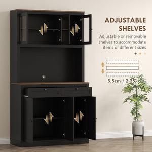 Storage cabinet with microwave space, sideboard with hutch, 2 drawers, adjustable shelves and glass doors, black