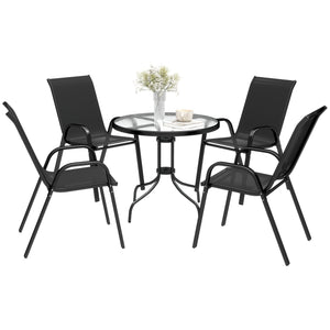 Five-Piece Steel Patio Set, with Glass-Top Table - Black