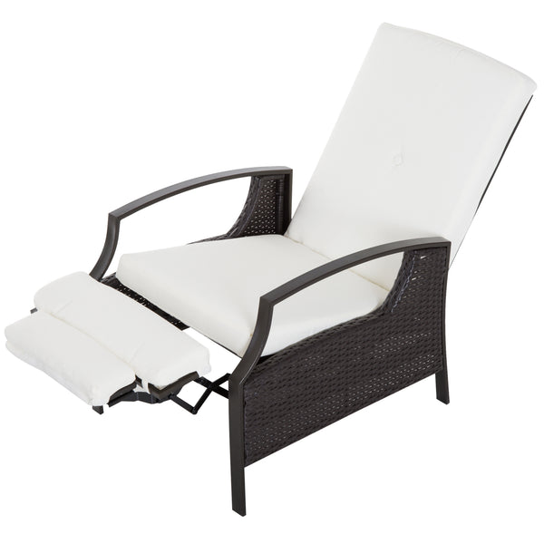Outdoor reclining rattan chair with white cushion