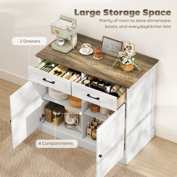 Kitchen Island with Seating, with 2 Drawers and 2 Adjustable Shelves for Dining Room, White
