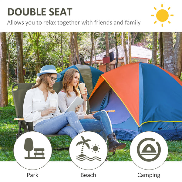 Double folding chair with wooden armrests, green