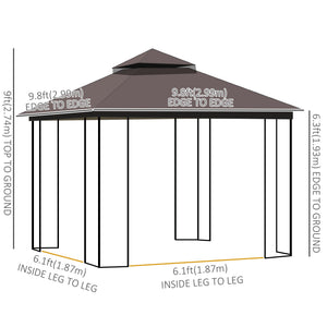 10 x 10 gazebo with double-pitched soft roof, mesh curtains, coffee color
