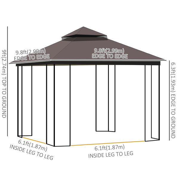 10 x 10 gazebo with double-pitched soft roof, mesh curtains, coffee color