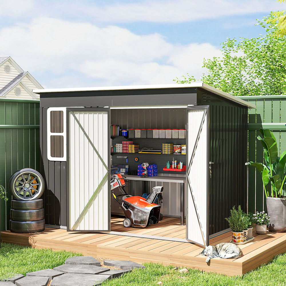 Outdoor garden shed made of galvanized steel, with window, wide lockable doors and vents, dark gray