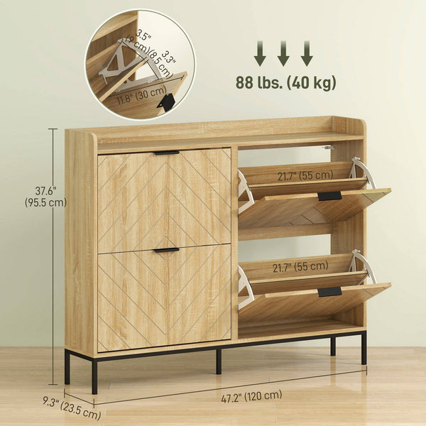Modern and slim shoe cabinet with 4 drop-down drawers, 16 pairs of shoes, oak