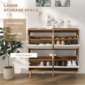 Shoe cabinet with 4 hinged drawers and adjustable shelf, for 8 to 16 pairs of shoes, natural color