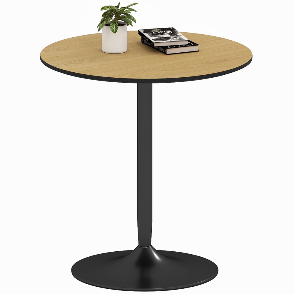 Round kitchen table for 2 people with wood veneer and steel base, natural color.