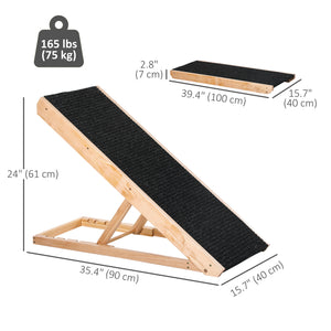 Foldable dog ramp, height adjustable with non-slip coating.