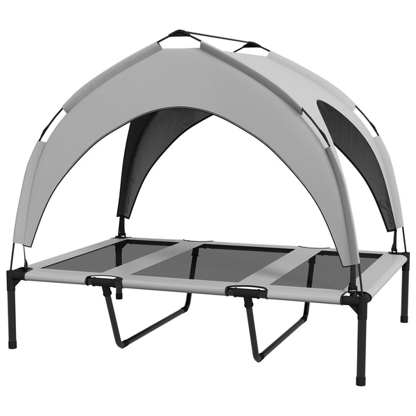 Elevated dog bed with breathable mesh canopy, light gray