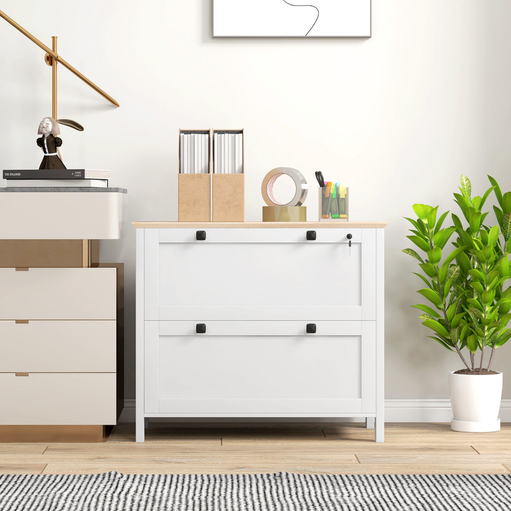 Lockable two-drawer filing cabinet with adjustable hanging bar for Letter, A4, and Legal sizes, white.