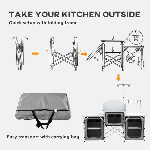 Portable folding aluminum camping kitchen with fabric cupboards, grey
