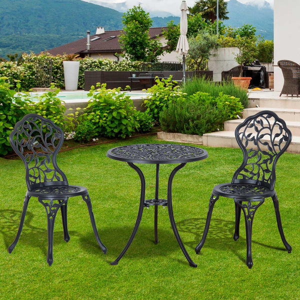 Patio table and chairs with cast aluminum frame, black
