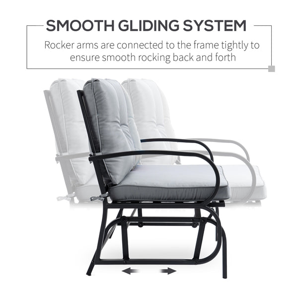 Two-seater rocking chair with steel frame and cushions, grey