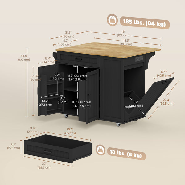 Portable kitchen island with charging station, fold-down rubberwood tabletop, waste storage, black