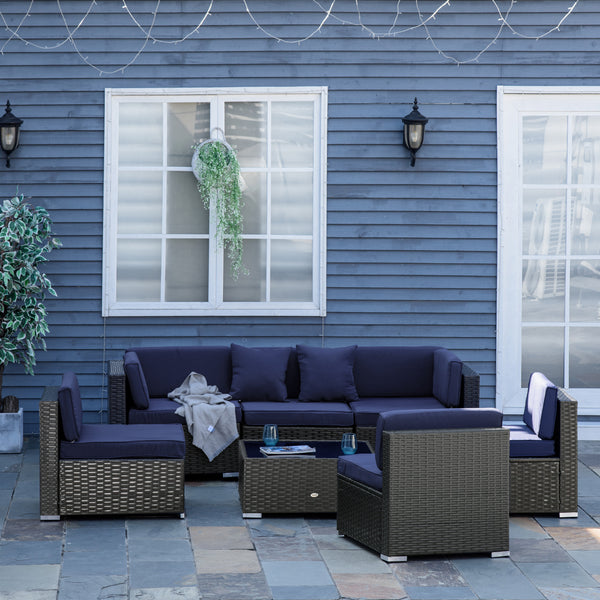 7-piece rattan patio furniture set, modular furniture, navy blue