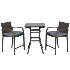 3 Piece Wicker Garden Bar Set, Synthetic Rattan Table and Stools with Seat Cushion, Grey