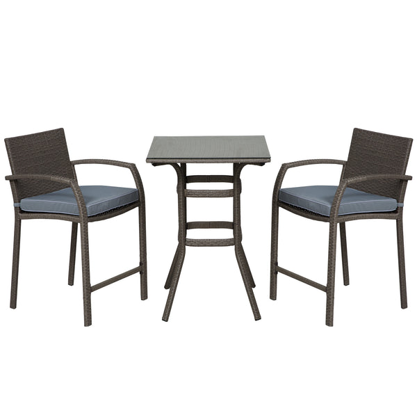 3 Piece Wicker Garden Bar Set, Synthetic Rattan Table and Stools with Seat Cushion, Grey