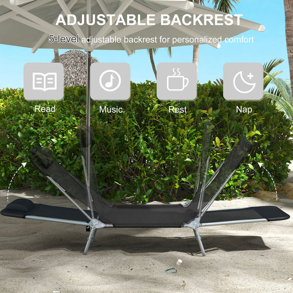 Folding Outdoor Lounge Chair Set of 2, Reclining Tanning Chair with 5-Position Adjustable Backrest, Black