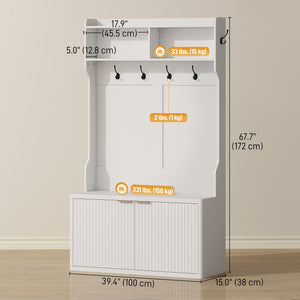 4-in-1 coat rack with integrated shoe bench and open shelf for entryway, white