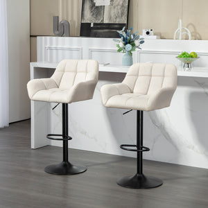 Set of 2 adjustable bar stools with footrests and armrests, cream white