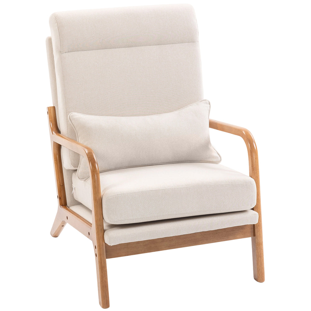 Modern accent chair in linen with lumbar pillow, high back, wide seat, thick cushion, solid wood frame, cream white