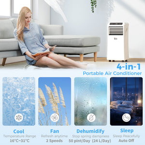 10,000 BTU Portable Air Conditioner with Cooling, Dehumidifier, and 2 Fan Speeds, White