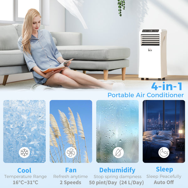 10,000 BTU Portable Air Conditioner with Cooling, Dehumidifier, and 2 Fan Speeds, White