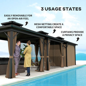 10x10 Gazebo with Double-Tiered Metal Roof, Mosquito Netting, and Hanging Hook, Dark Brown