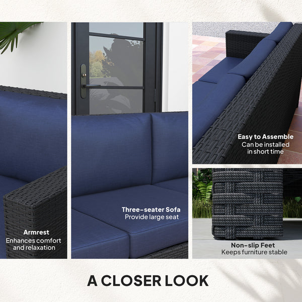 3 Seater Rattan and Wicker Sofa, Outdoor Garden Furniture with Cushion, Navy Blue