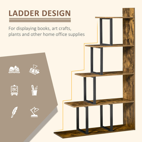 5-Tier Industrial Wooden Bookcase, Rustic Brown