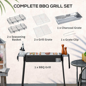 Charcoal barbecue with side spice baskets, hooks and nets, black