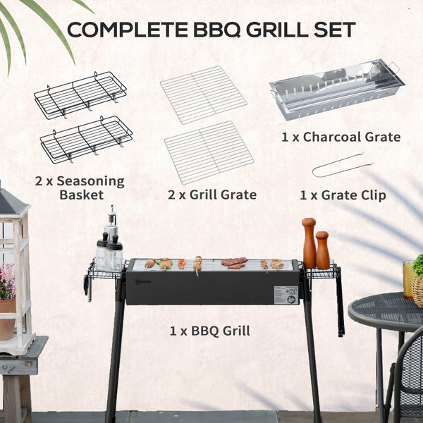 Charcoal barbecue with side spice baskets, hooks and nets, black