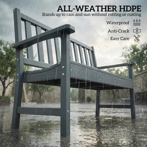 Weather-resistant outdoor bench made of HDPE, slatted seat for 2 people