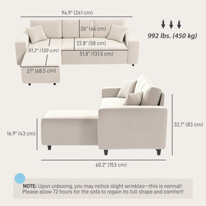 Corner sofa with convertible chaise longue, pocket springs, 2 cushions, cream white
