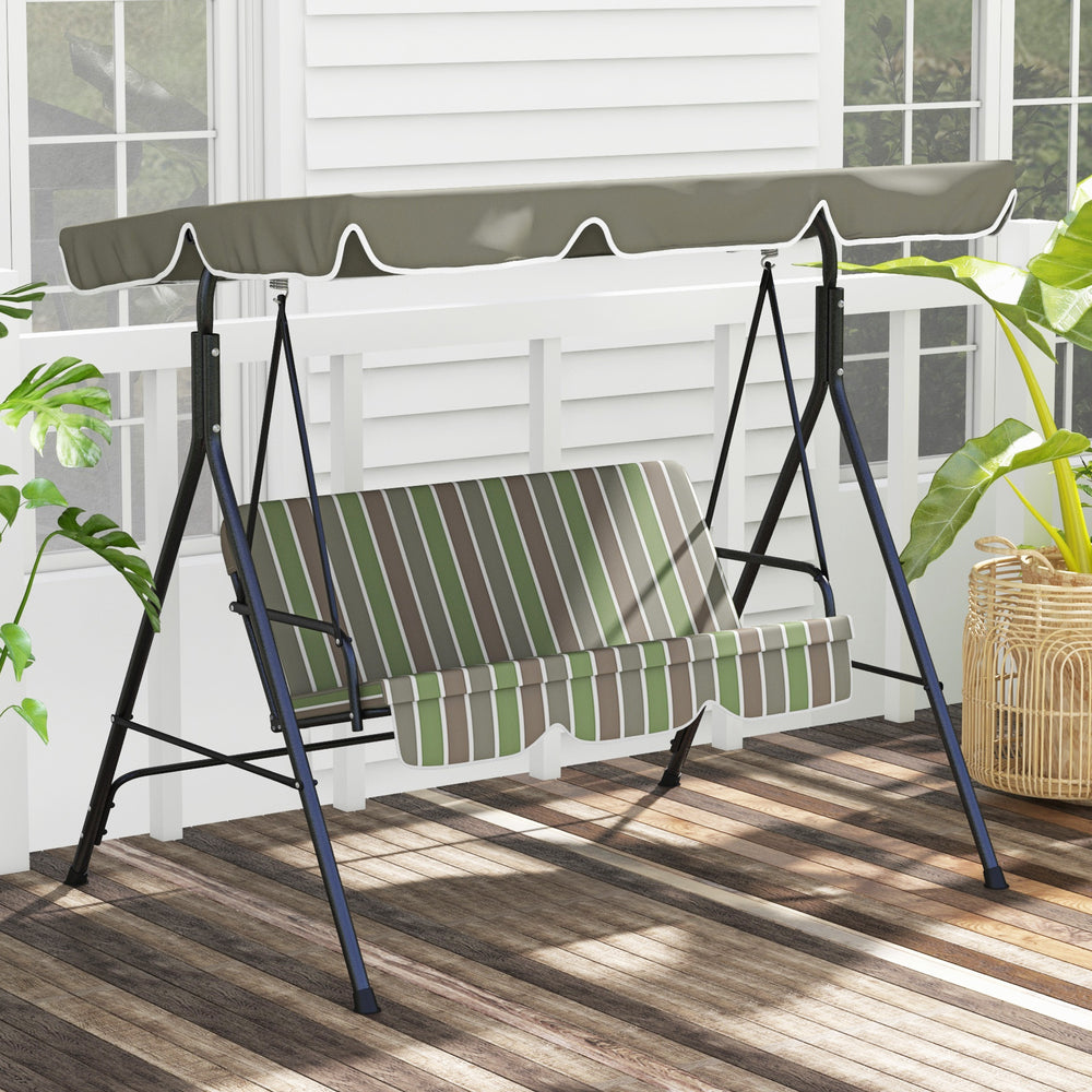 3-Seater Outdoor Porch Swing with Adjustable Canopy, Patio Swing Chair for Garden, Poolside, Backyard, Green and Brown