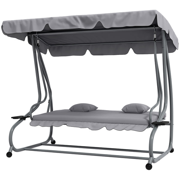 Outdoor 3-Seater Patio Swing Chair, Outdoor Swing Seat, with Adjustable Canopy and Two Pillows for Garden, Light Grey