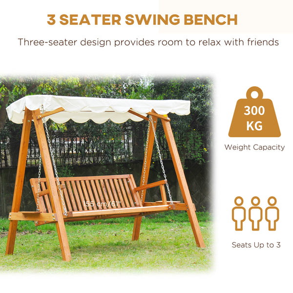 Swing seat with canopy, wooden outdoor bench for garden, natural wood